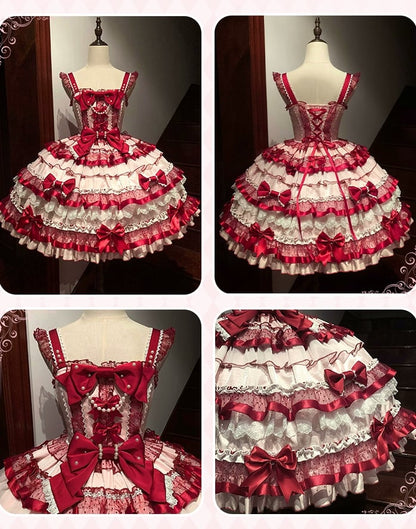 Skirt Tiered Red Old Sweet Pink Ruffles School Bows Decorated and