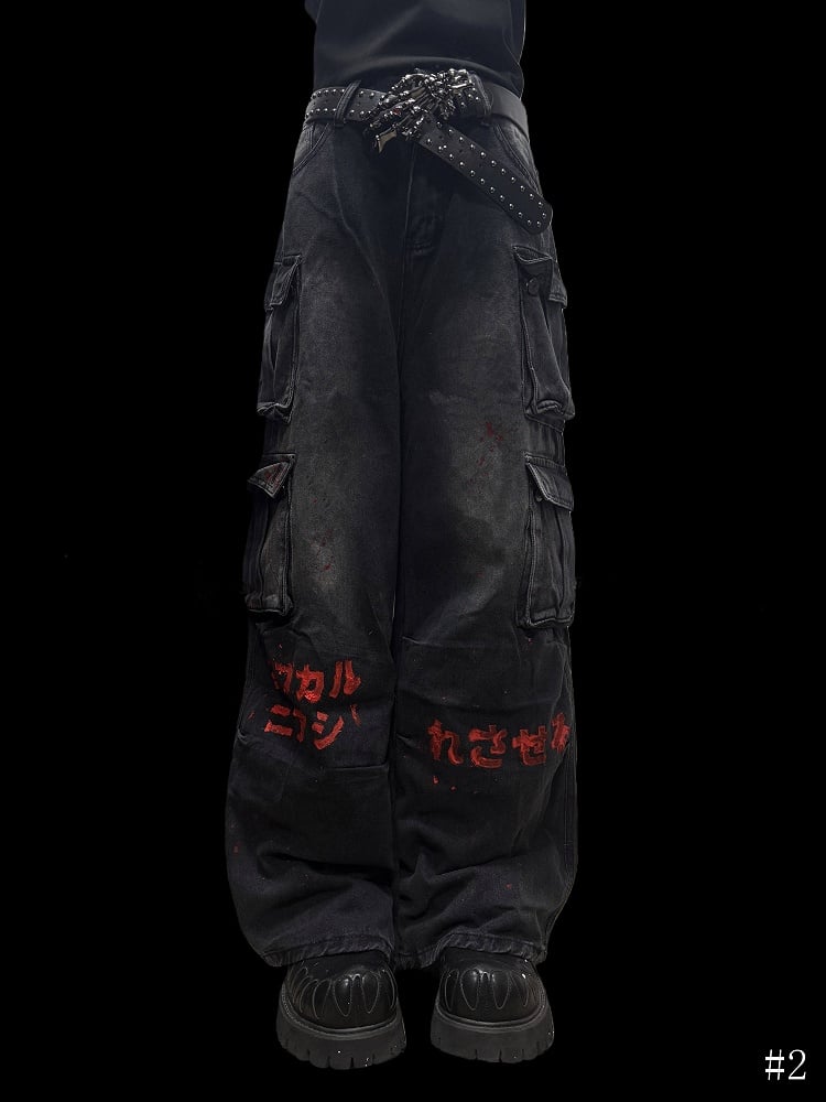 Rock Print Cargo Style Dark with Gray - Wide-Leg Graphic Y2K Jeans Punk Red