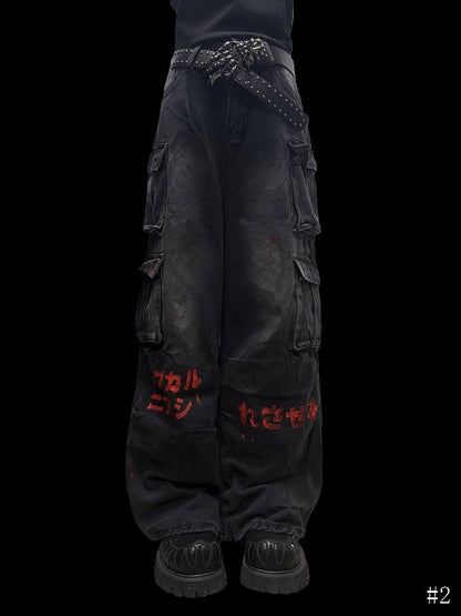 Rock Print Cargo Style Dark with Gray - Wide-Leg Graphic Y2K Jeans Punk Red