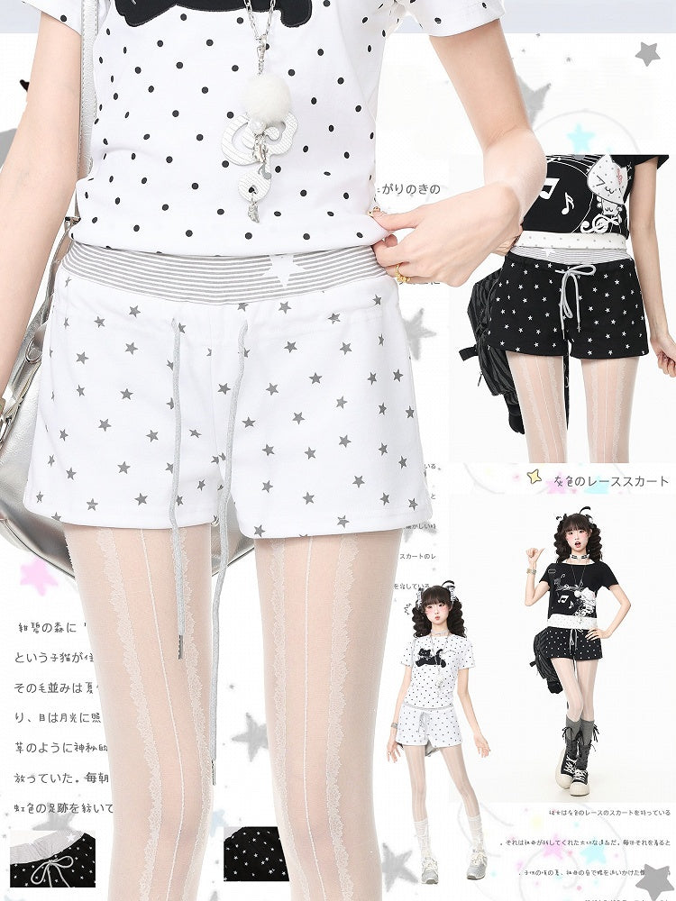 Drawstring Shorts with Star Print & Striped Waistband in Black - Languid Park