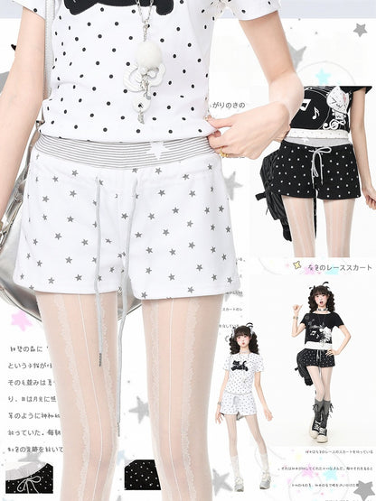 Drawstring Shorts with Star Print & Striped Waistband in Black - Languid Park