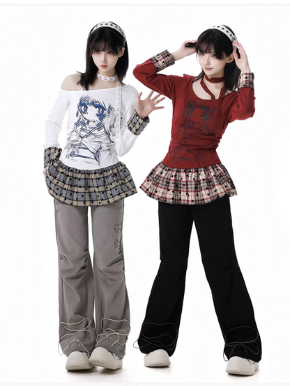 Asymmetrical Neckline Anime Girl Print Plaid Patchwork White/Red Design Top