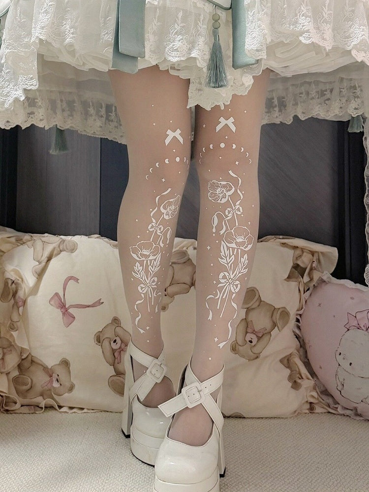 Floral Bow Print White Sheer Tights - Alcatraz Island