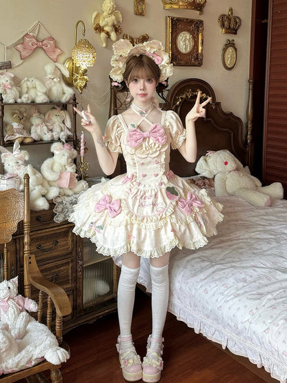 Details Lace Bow OP Strawberry with Beige Lolita Themed Cute and Polka Pink Dot Dress