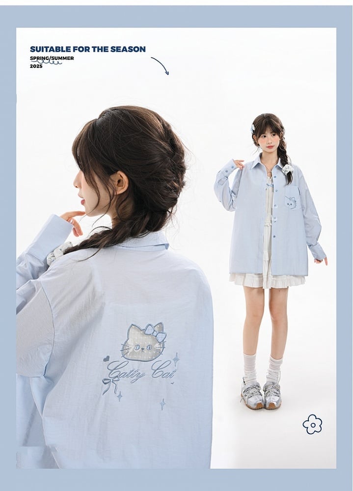 Back Shirt Kitty Embroidery on Pocket Kitty-shaped Detail Blue/Pink Loose Cutout