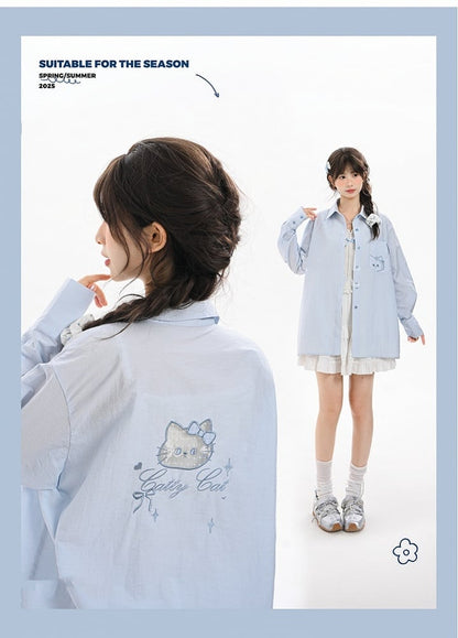 Back Shirt Kitty Embroidery on Pocket Kitty-shaped Detail Blue/Pink Loose Cutout