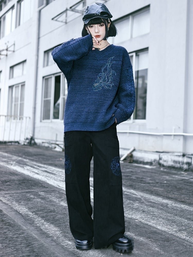 with Goldfish Pants Wide-leg Embroidery Black Gothic