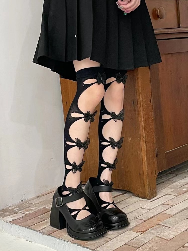 3D Cutout Black/White with Decorations Design Butterfly Stockings