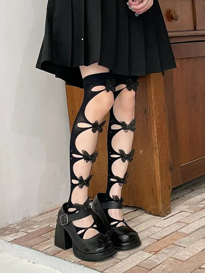 3D Cutout Black/White with Decorations Design Butterfly Stockings