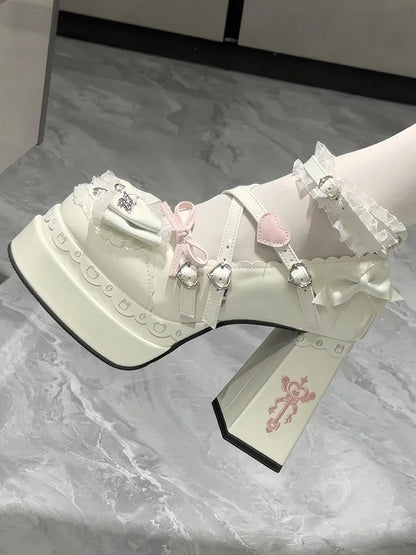 in Heels White Block High Sweet PU Decor Leather Bow -