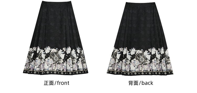 Black Moon Rabbit Cheongsam Style Pleated Midi Skirt