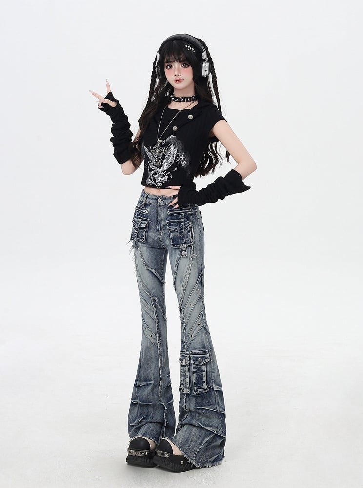 ブルー ローライズ 切りっぱなし裾 フェードウォッシュ フレア カーゴジーンズ Y2K