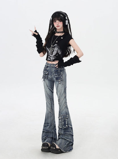 ブルー ローライズ 切りっぱなし裾 フェードウォッシュ フレア カーゴジーンズ Y2K