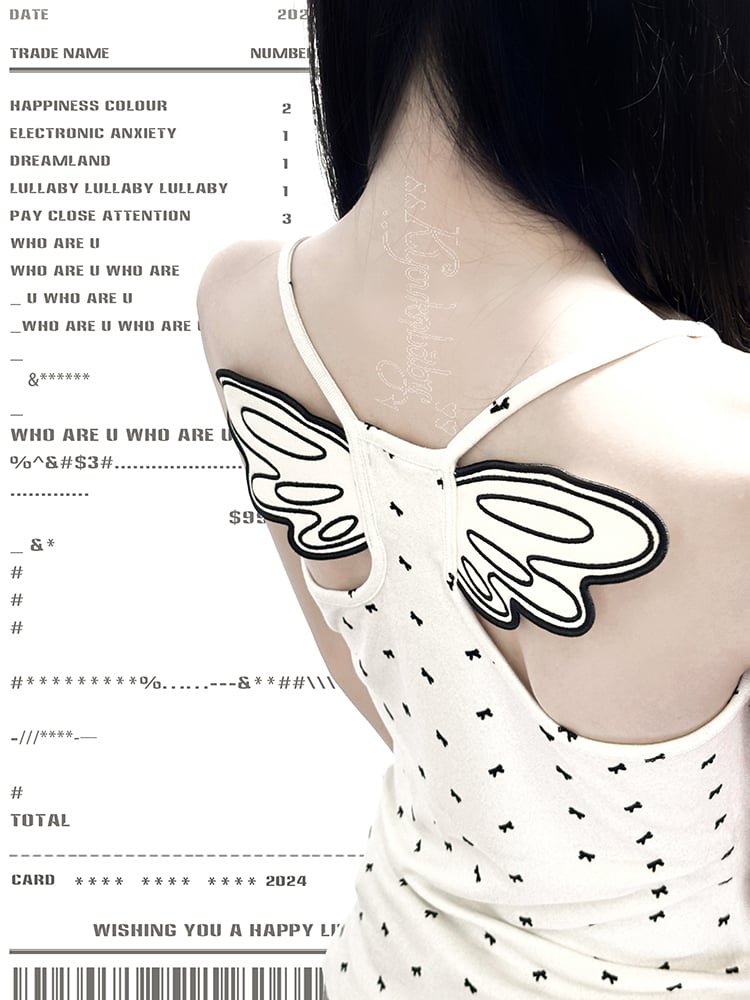 ベージュ オールオーバーデザイン バックキャミトップ 蝶結びプリント ウィング