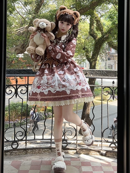 Lolita Trim Print Sweet Chocolate Bear OP Coffee with Teddy Lace