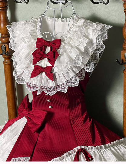 Slim Waist Dress Neck Sleeveless Lolita Ruffle Layered Sweet Fit Striped Fabric Red