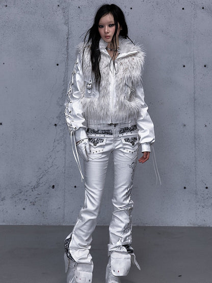 Embellishments Studded Jeans Punk Lace White Flare Silver with Vintage Details Slight