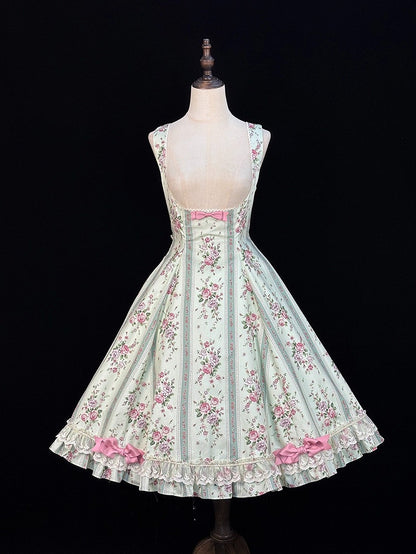 Light Green Floral Print Classic Bustier JSK Dress with Back Lace-Up - Miss Cube Dressworks