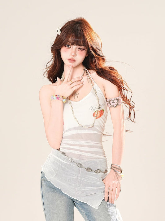 ホルターネック メッシュヘム ストロベリープリント ホワイト アシンメトリートップス スイート