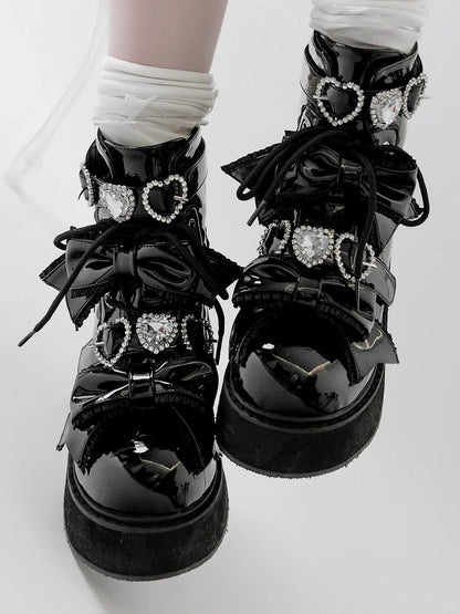 Platform Ankle Boots Buckles Jirai Kei Polished and Black Rhinestons Sweetheart with