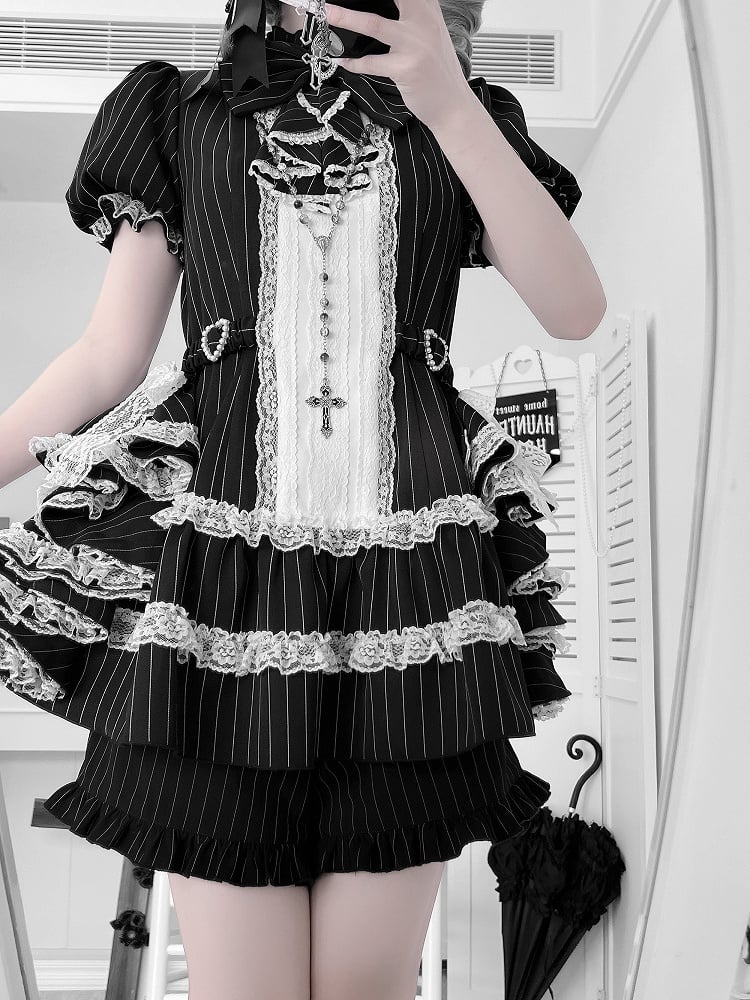 Puffy Jirai Set: Side Striped Design Train Gothic Elegant Dress Black with Sleeve Kei Draped