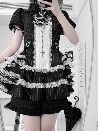 Puffy Jirai Set: Side Striped Design Train Gothic Elegant Dress Black with Sleeve Kei Draped