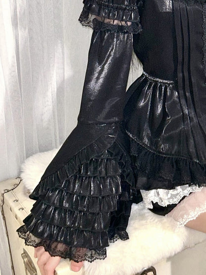Trimmed Cuff Black with Sleeves Detachable Six-Layer Tiered Ruffles Lace Elastic Bell