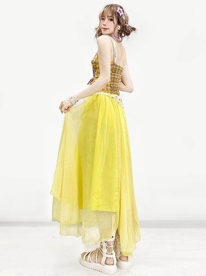 スカーフキャミトップパープルチェック柄Y2Kイエロー