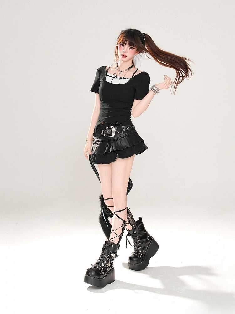 Free Tiered Skirt Belt Buckle Lined with Black Denim Glamorous