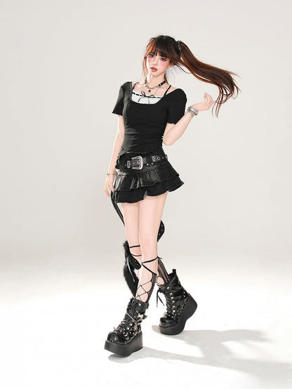 Free Tiered Skirt Belt Buckle Lined with Black Denim Glamorous