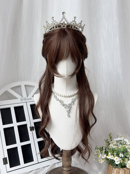 Chocolate Brown 76cm Wavy Curly Wig with Side-Swept Bangs and Braided Detail - Sleepy Fish