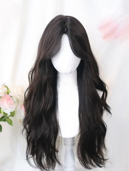 Long Wig Black/Brown With Bangs Curtain Wavy