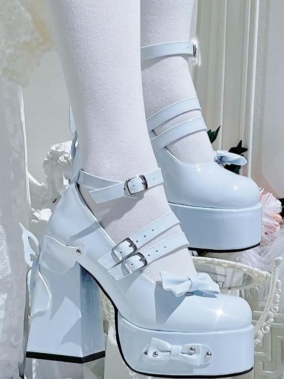 Design Bowknot High Block Lolita Stud Shoes Blue Heels Light Platform Butterfly