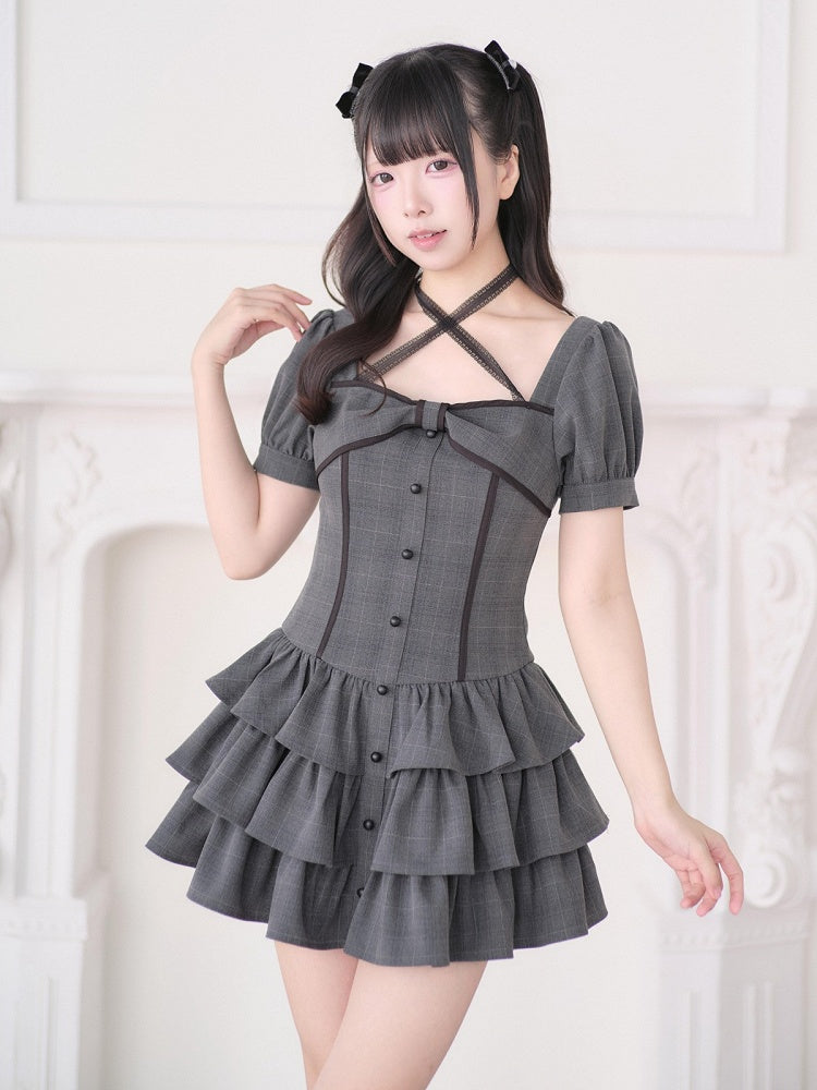 Jirai Kei Black Plaid Halter Layered Ruffle Dress with Matching Shorts - No Genki
