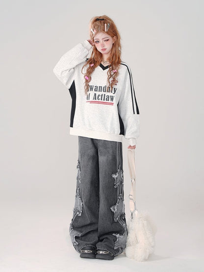 Low Grey Waist Wide-Leg Jeans with Frayed Star Patchwork