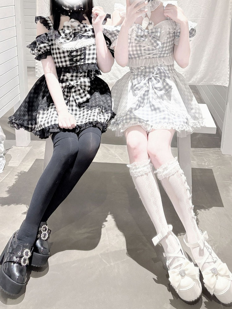 Plaid Idol Design Neckline Bowknot+ Set- Off-the-shoulder Choker High Waist Top Jirai Kei Gray + Bunny Skirt+ Ears