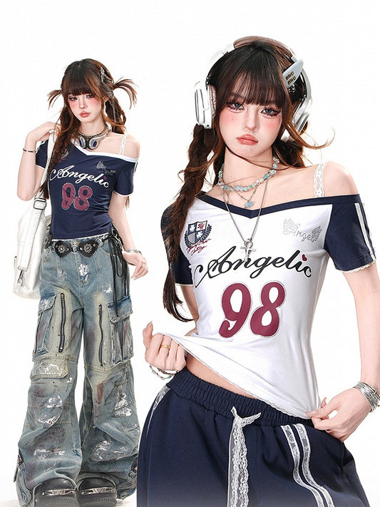 Navy Blue/White Asymmetrical Neckline Cutout Shoulder Number Glamorous T-Shirt
