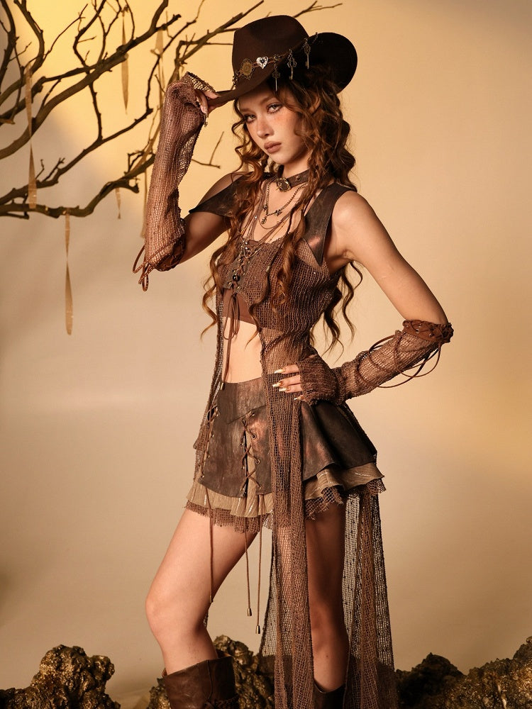 Wasteland Brown Cardigan with Sheer Mesh Cutouts - Virtual Orbit