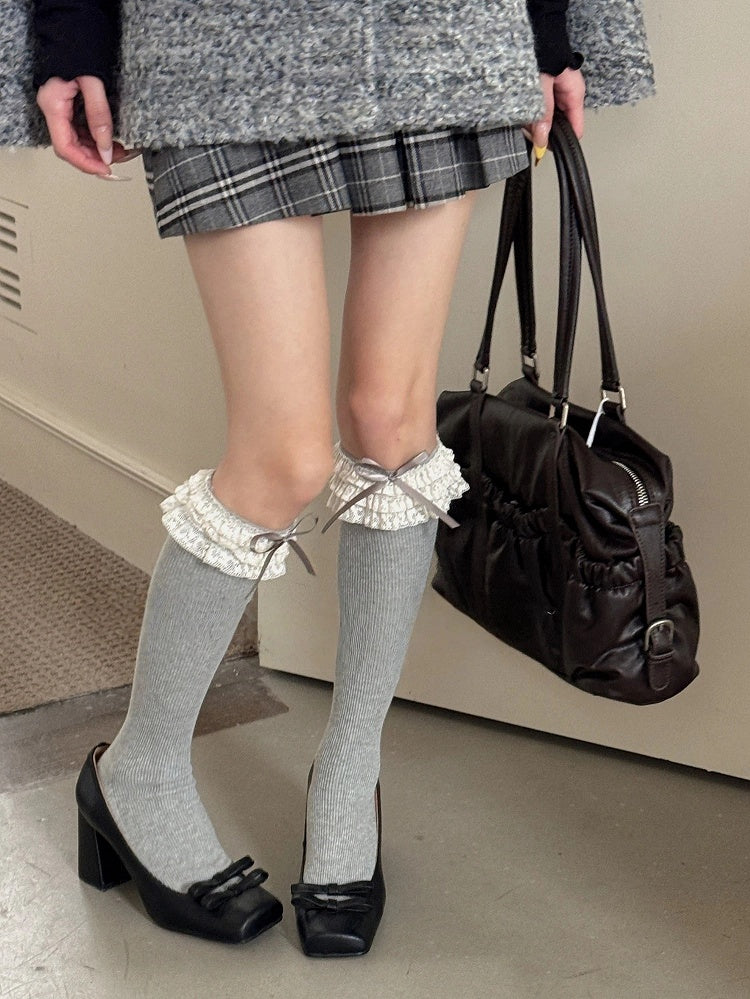 Stockings Bow Cuffs Ruffled with Ribbed Lace