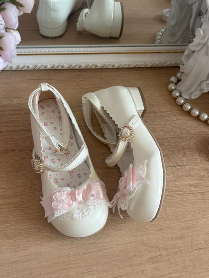 Elegant Lace Bow Round Toe Pumps - 2.5cm Low Heels - Blossoms