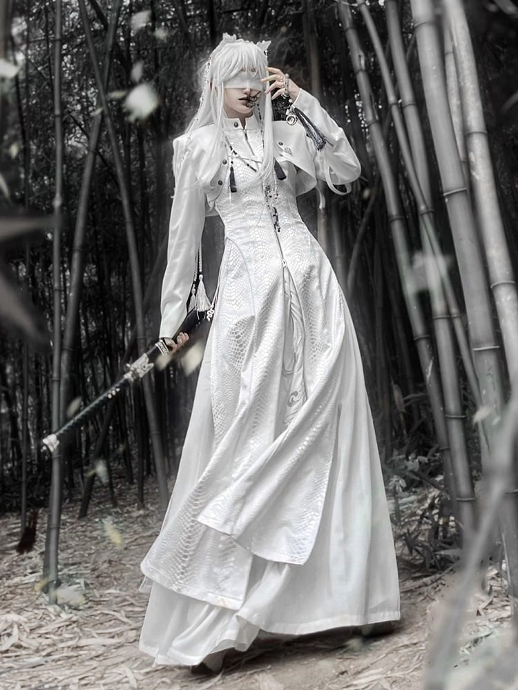 Snakeskin-grain Design Long Unisex Two-Piece Coat False - White Goth