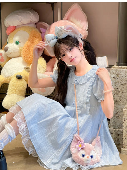 Kleid Hellblau Rüschenkragen Puffärmel Süß