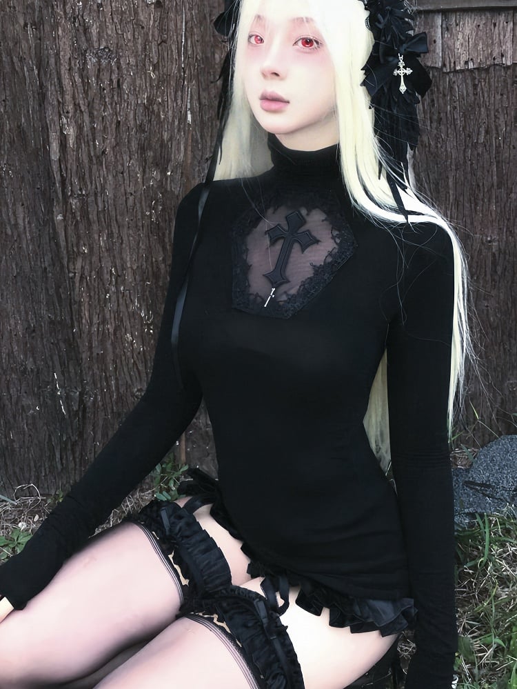 Coffin Sleeves Crosses Cutout High Top Adorned Black Neck Gothic Long