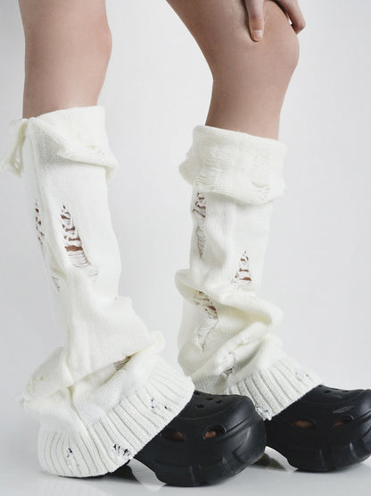 Y2K Knitted Flared Warmers Distressed Black/White/Gray Cuffed Leg
