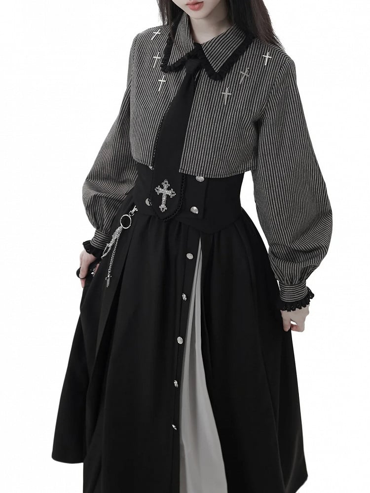 with Gothic Long | White Cross Skirt Elastic Chiffon Waist Black Chain Slit
