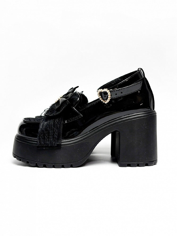 Bow High Block Kei Jirai Top Black Beaded Platform Heels Sole PU Decor with
