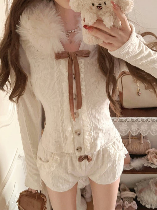 Brown Detail Lace-Trimmed With Shorts Knit Pocket Fleece Bow White