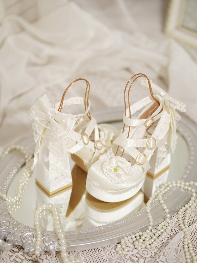 Apricot Sweet Lolita Heels, 11.5CM High Block Heel, Pearl & Shell Detail - Bad Bear