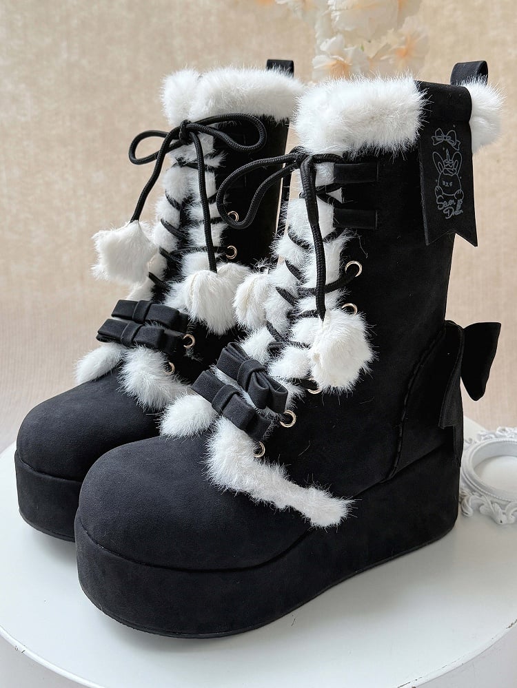 Lined in Sweet 4cm Black Romantic Lolita Boots Plush Bow Accents Platform