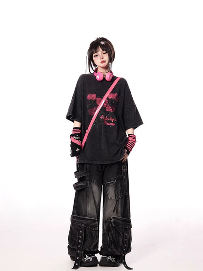 Rose Print Black Faded Wash Distressed Oversize T-shirt Red